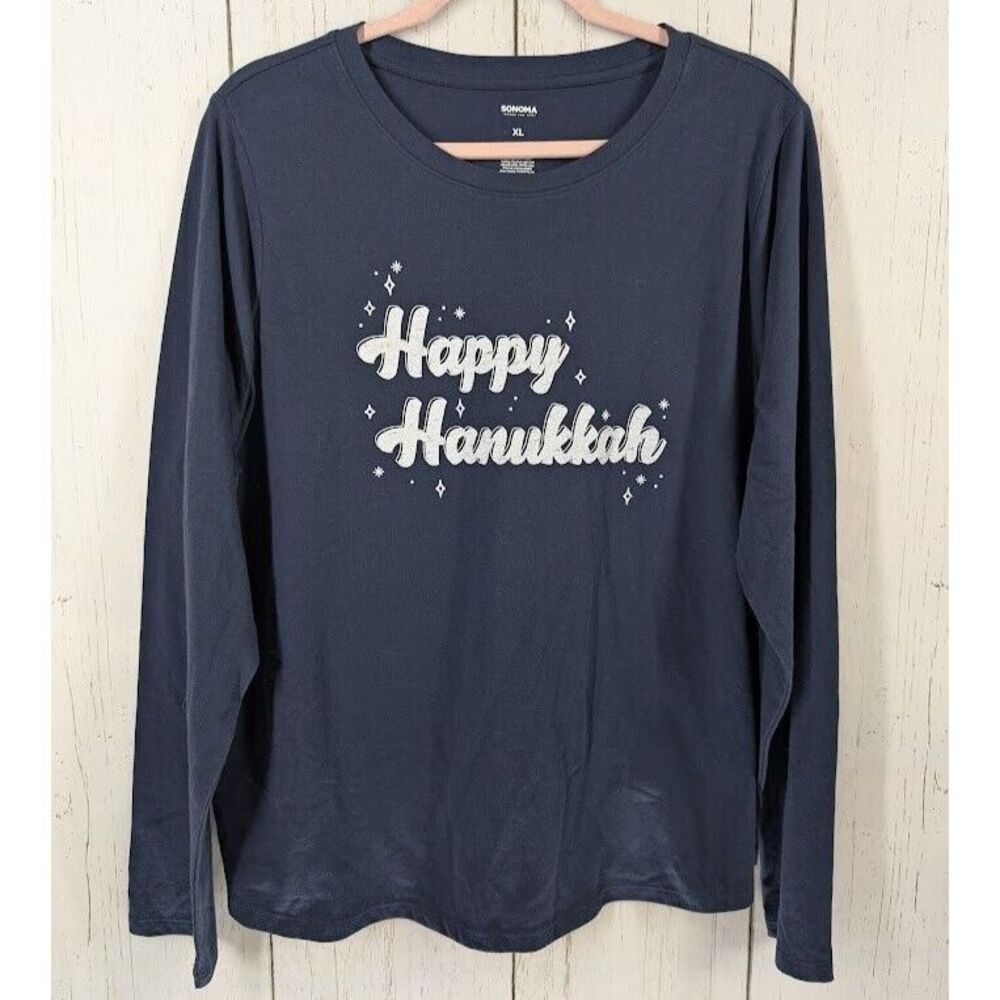 Sonoma Size XL Blue HAPPY HANUKKAH Graphic Long Sleeve‎ Top NWT
